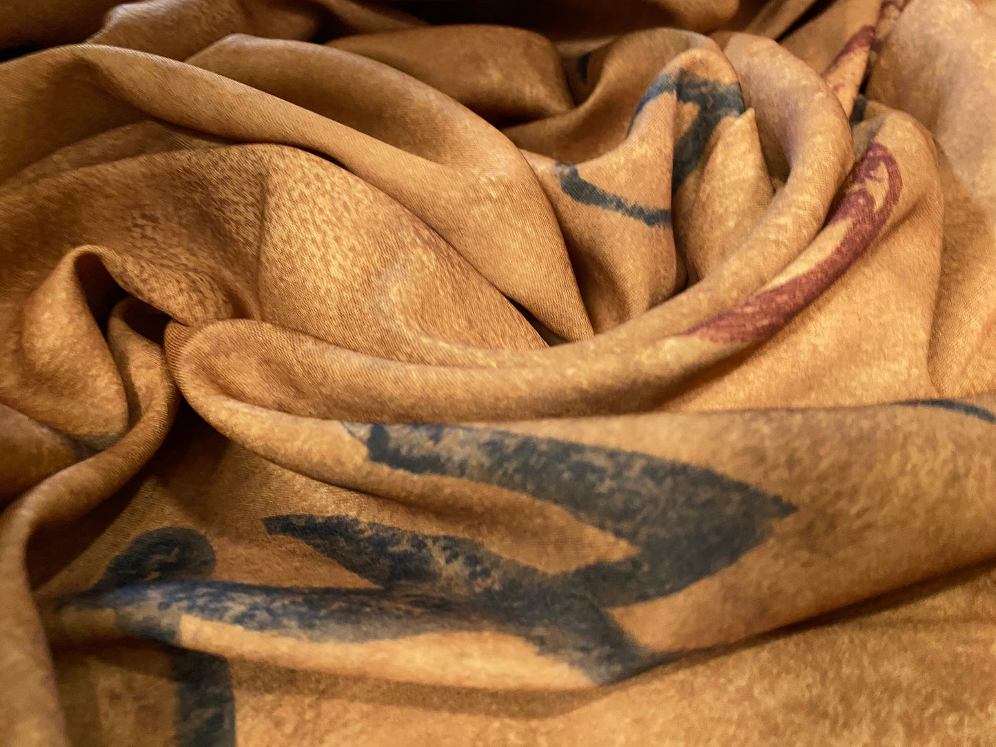 Crepe backed sateen woven dress fabric, per metre - Japanese symbols - toffee brown