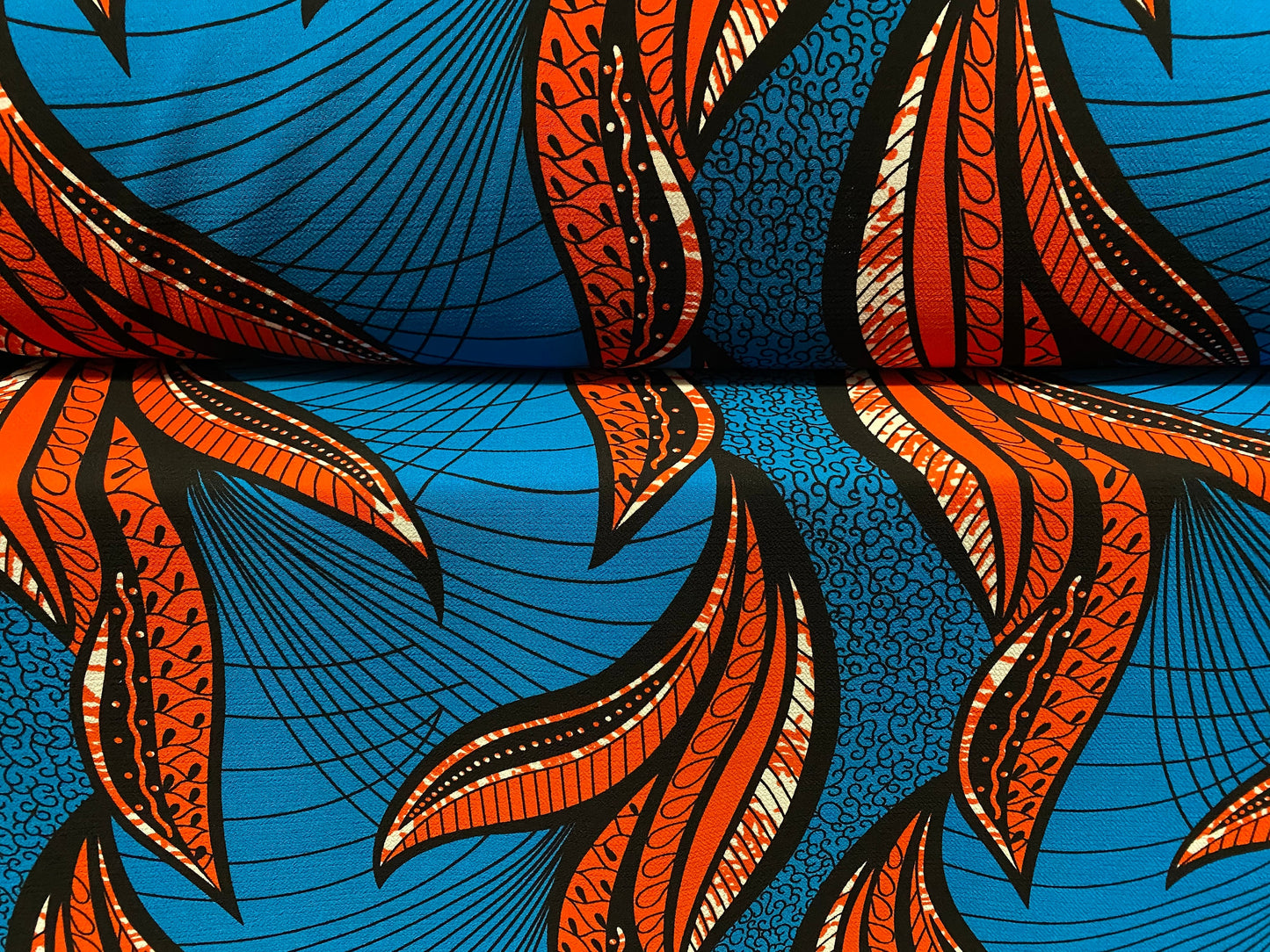 Heavyweight moss crepe woven dress fabric with comfort stretch - large leaf print - peacock & rust