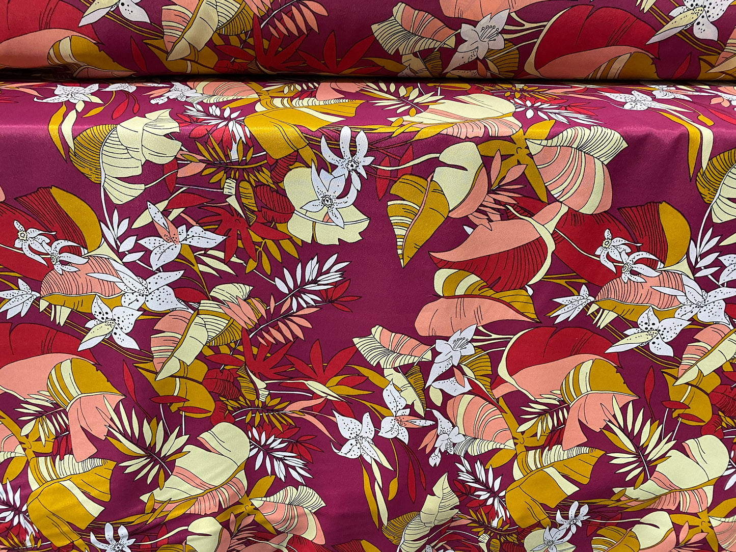 Chirimen woven crepe dress fabric, per metre - fuschia floral print