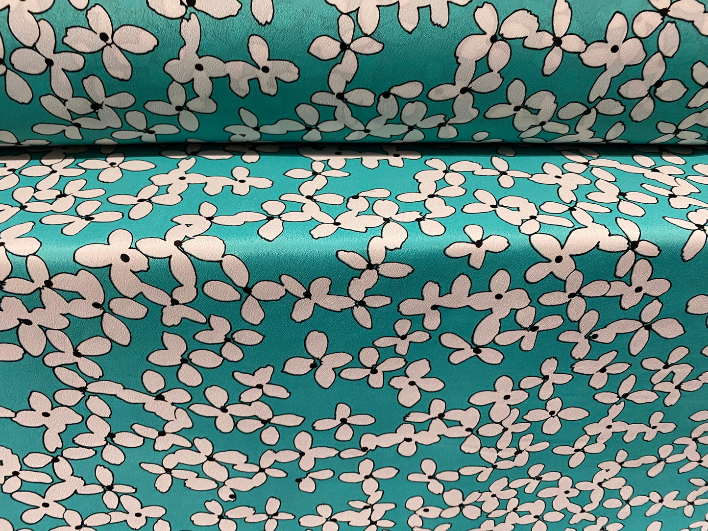 Chirimen woven crepe dress fabric, per metre - flower print - turquoise