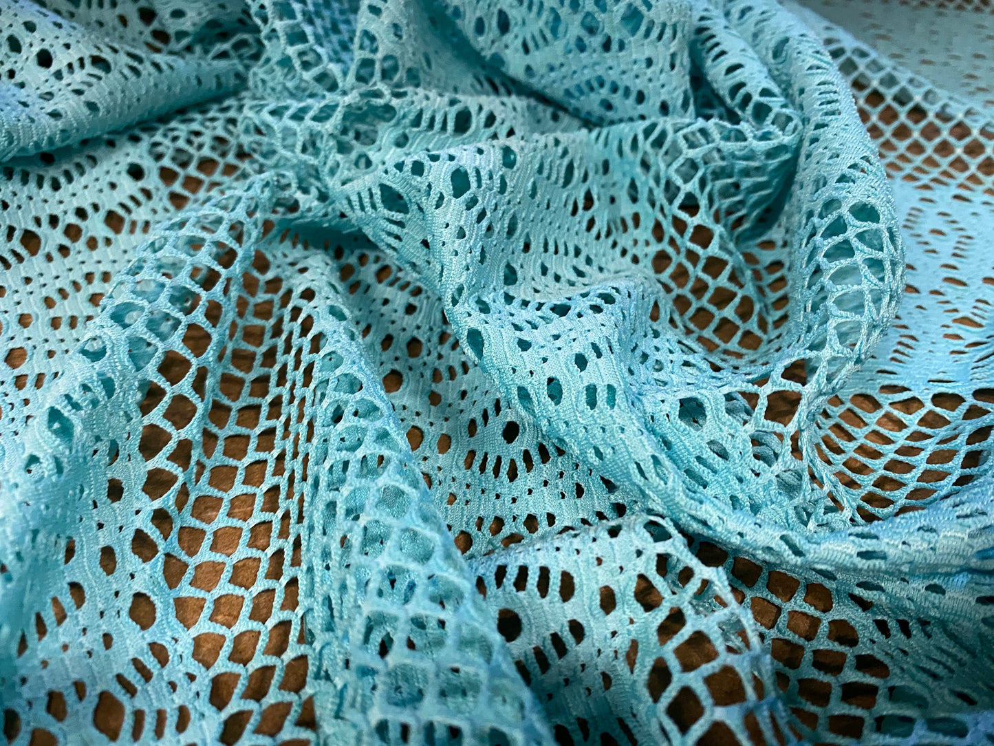 Fishnet stretch mesh floral stripe jersey fabric, per metre - turquoise