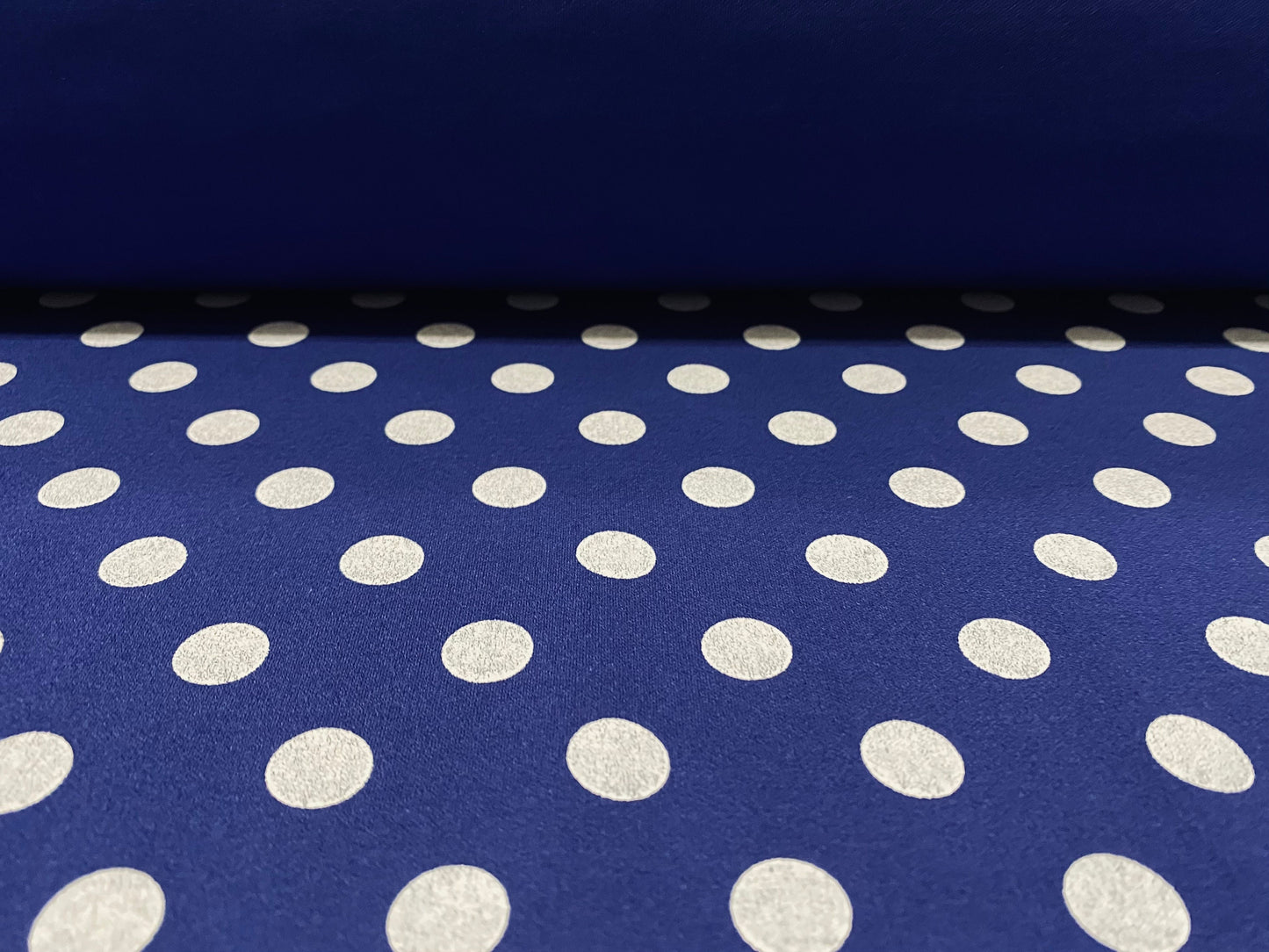 Scuba crepe fabric stretch spandex jersey, per metre - blue & white polka dot print
