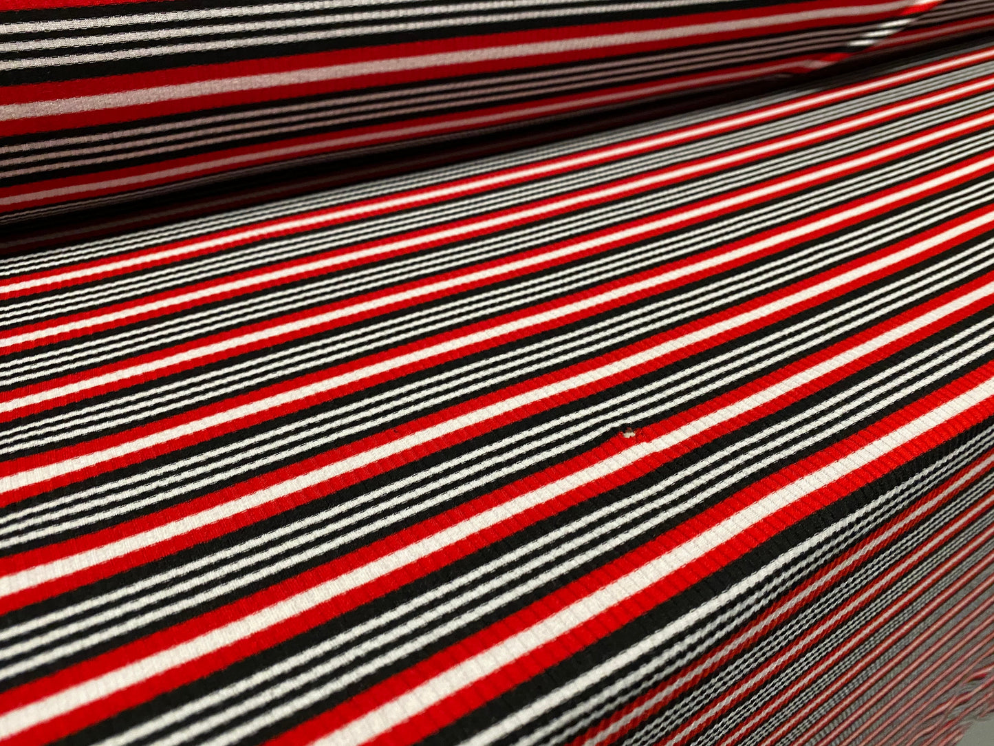 Stretch spandex rib jersey fabric, per metre - Red black & white engineered stripe