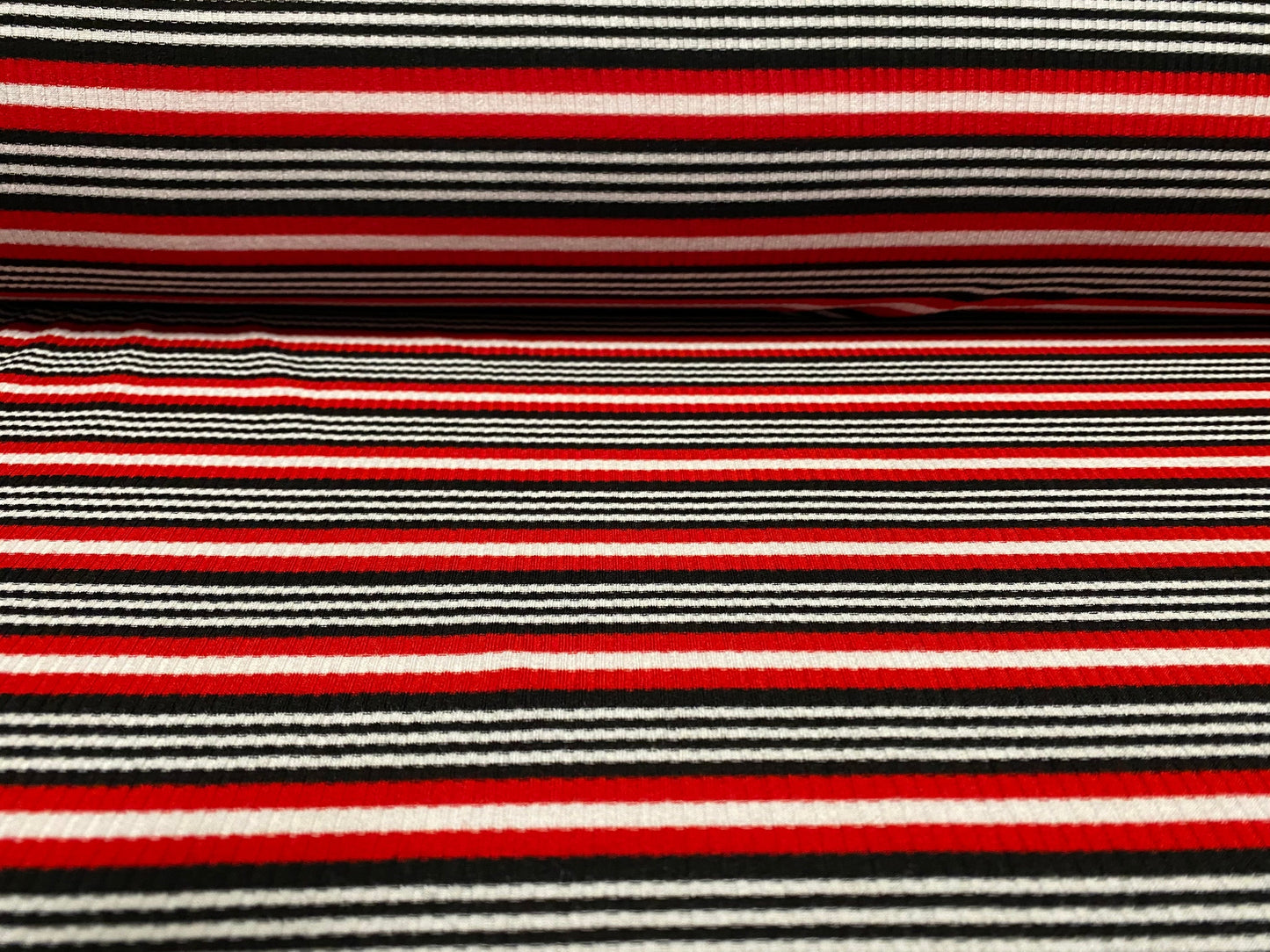 Stretch spandex rib jersey fabric, per metre - Red black & white engineered stripe