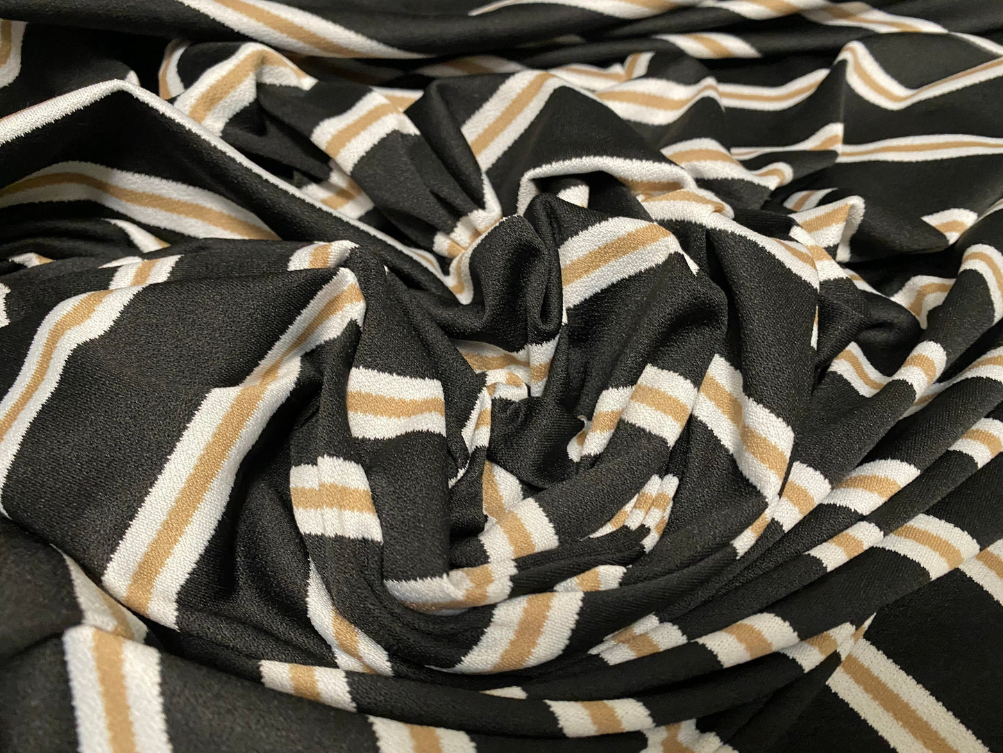 Stretch Spandex crepe jersey stretch fabric, per metre - black & tan engineered stripe