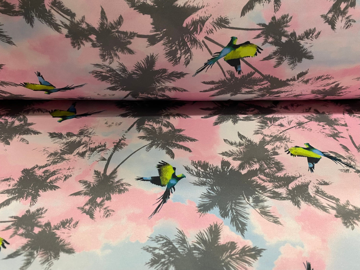 Scuba spandex jersey fabric, per metre - tropical palm trees & parrots print multicolour