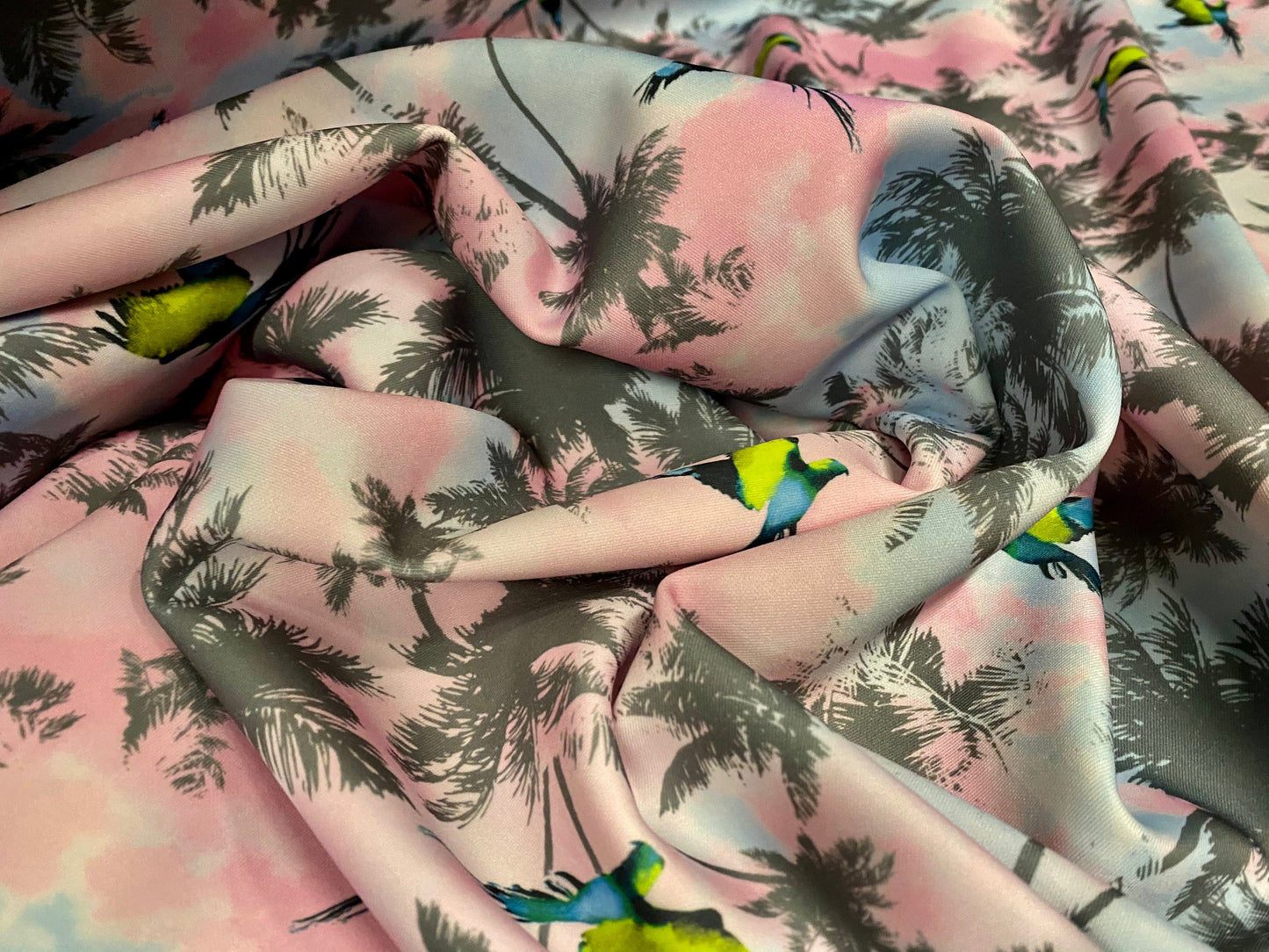 Scuba spandex jersey fabric, per metre - tropical palm trees & parrots print multicolour