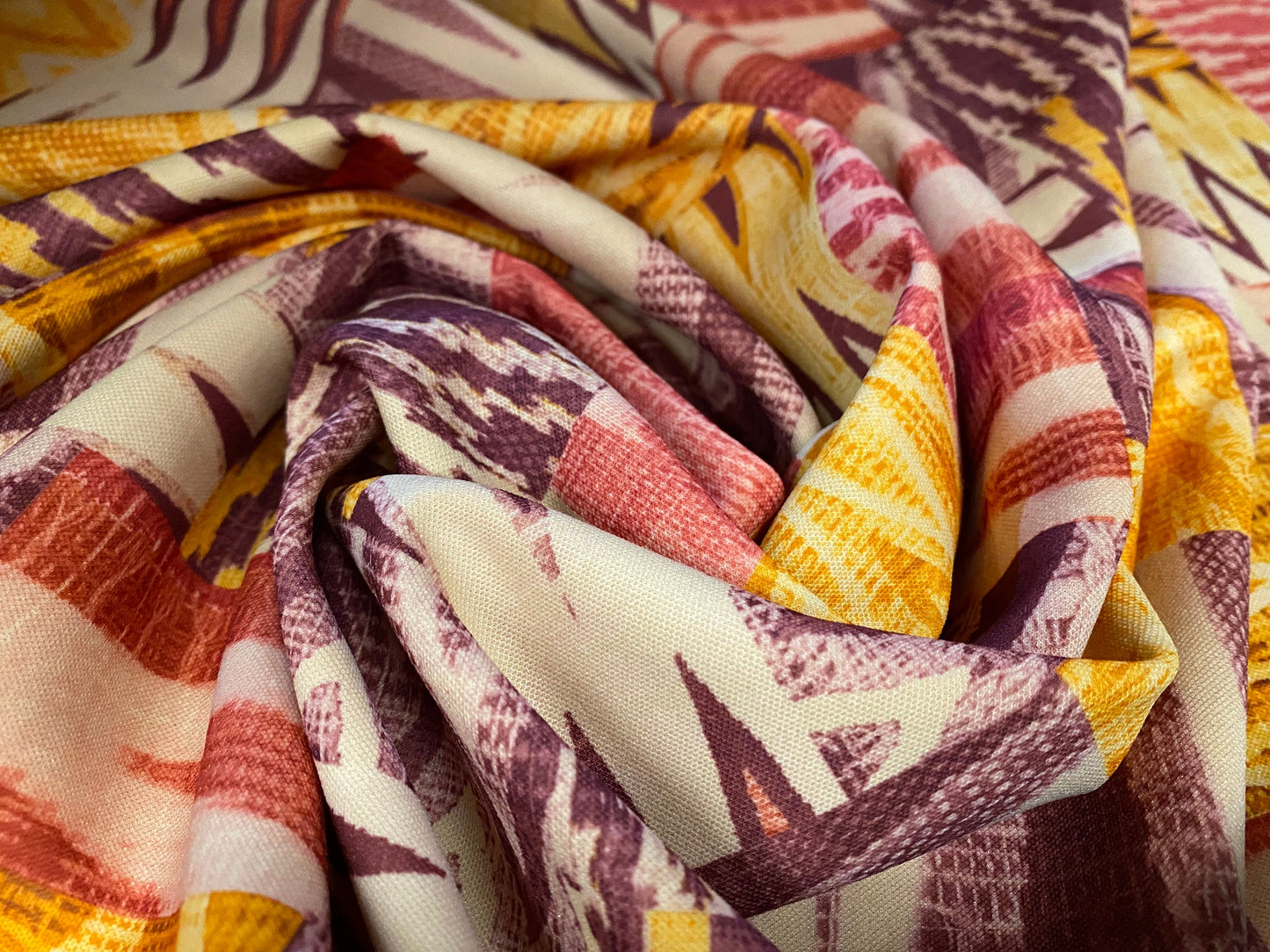 Scuba spandex jersey fabric, per metre - Inca Aztec patchwork print