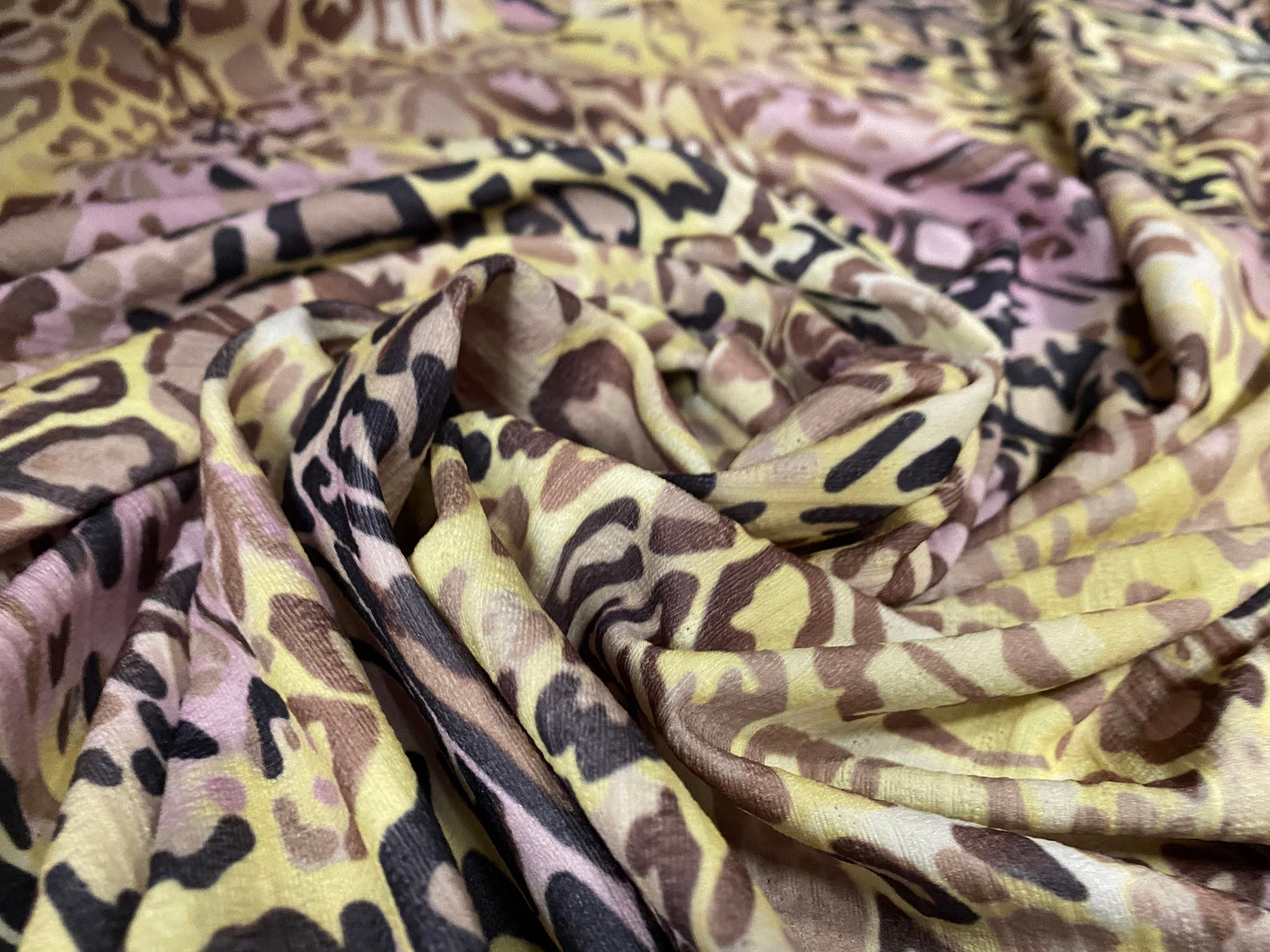 Leopardskin distressed print spandex rib jersey fabric, per metre - lemon yellow & pink