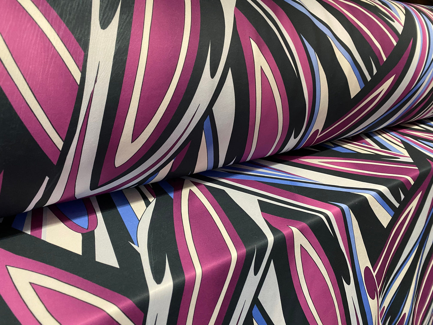 Scuba spandex stretch neoprene style jersey fashion fabric, per metre - purple & black retro swirl print
