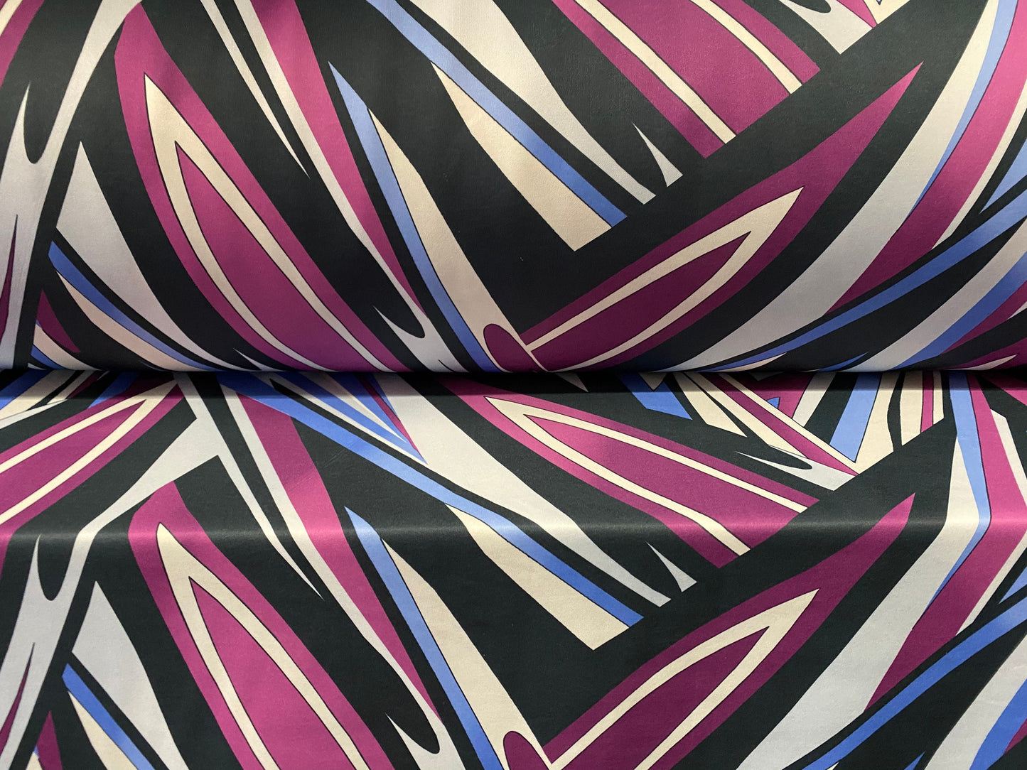 Scuba spandex stretch neoprene style jersey fashion fabric, per metre - purple & black retro swirl print