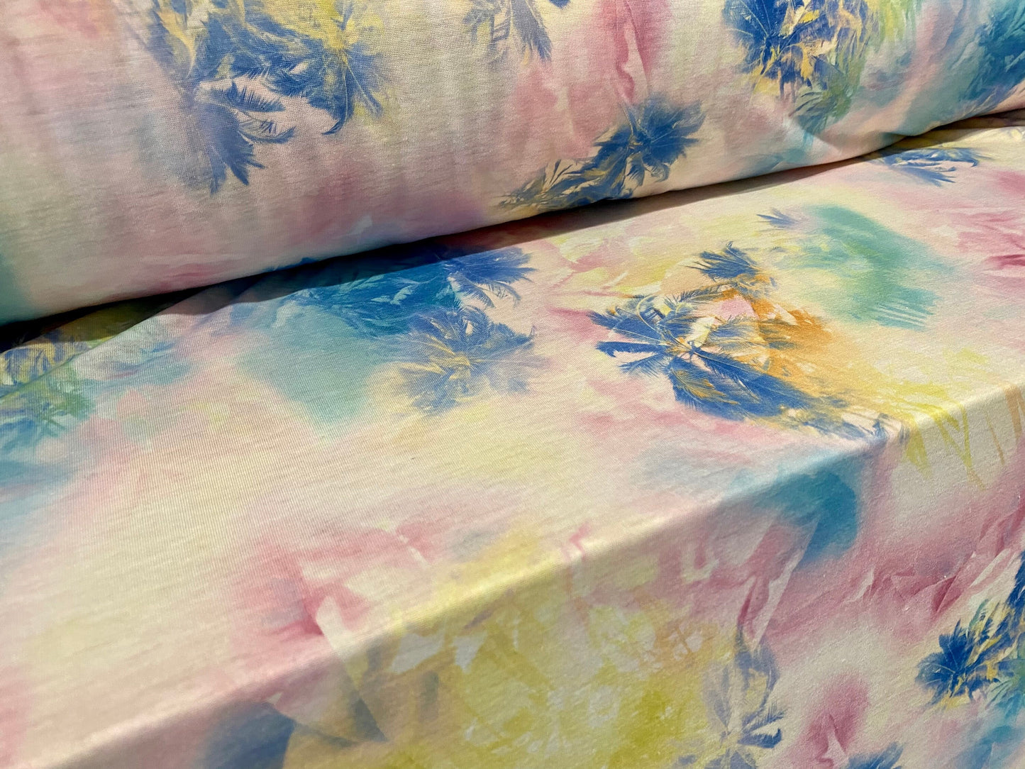 Soft handle jersey dress fabric, per metre - Hawaiian tie dye palm trees print