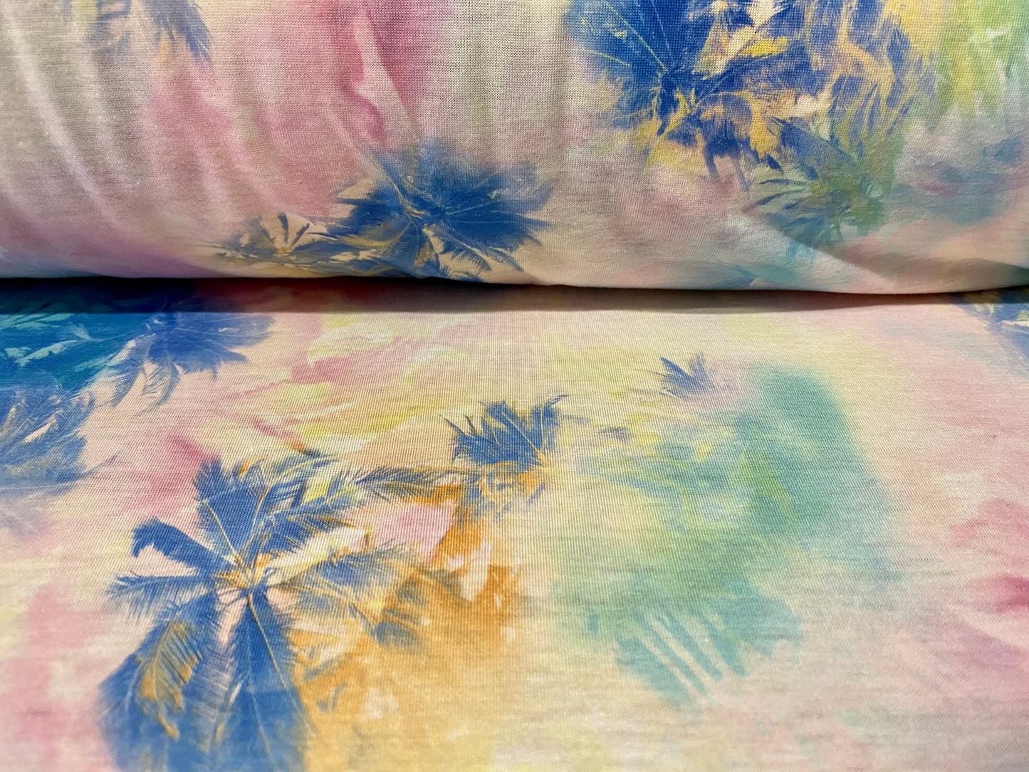 Soft handle jersey dress fabric, per metre - Hawaiian tie dye palm trees print