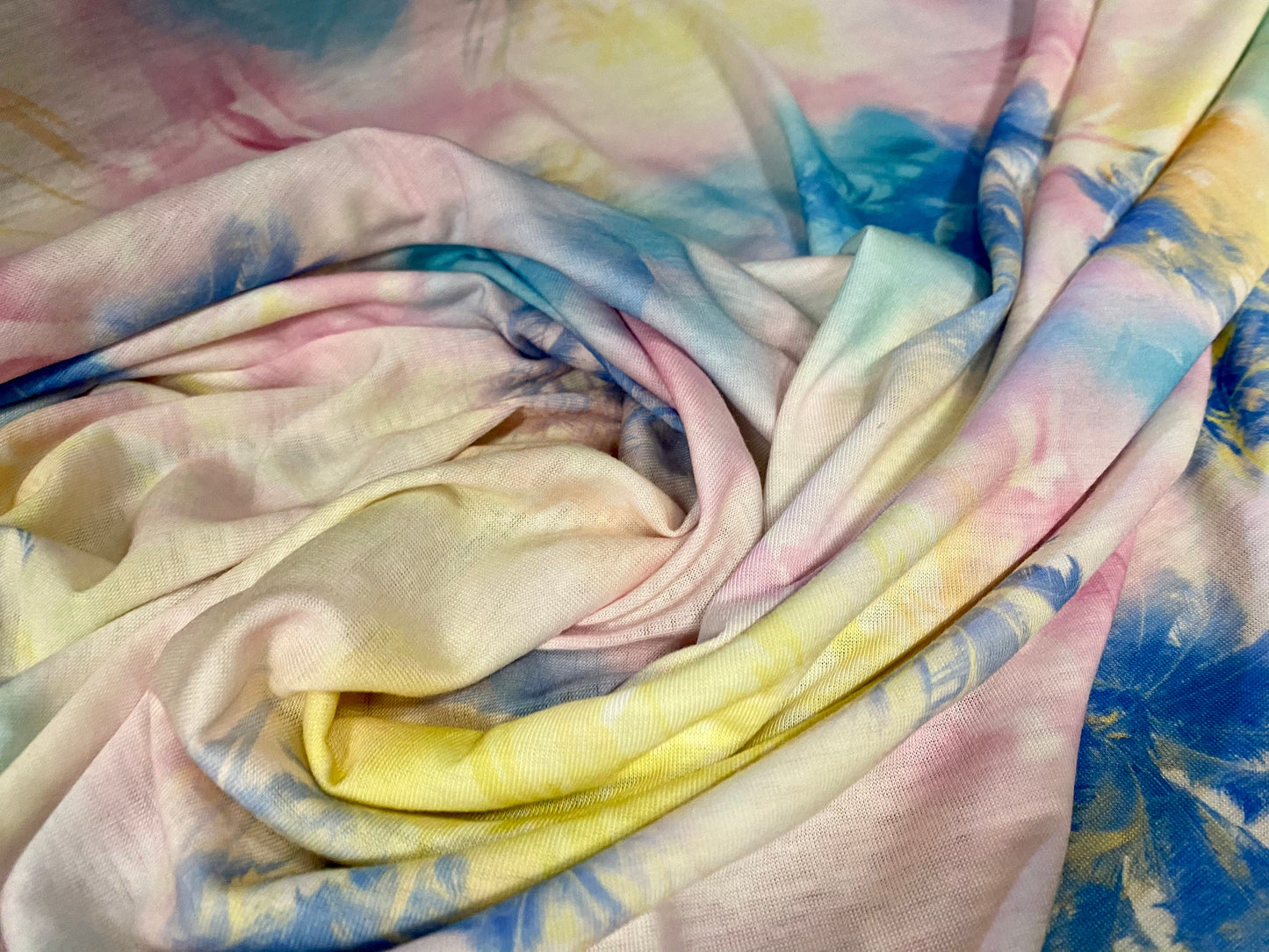 Soft handle jersey dress fabric, per metre - Hawaiian tie dye palm trees print