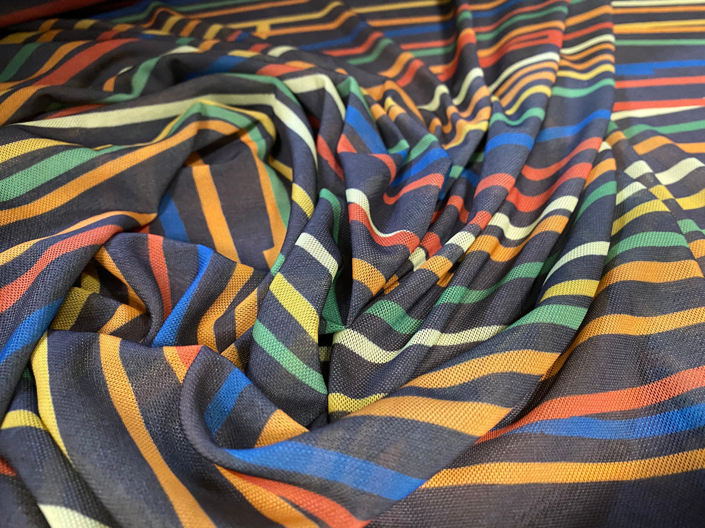 Power mesh net stretch fabric, per metre - retro 80s neon lines print