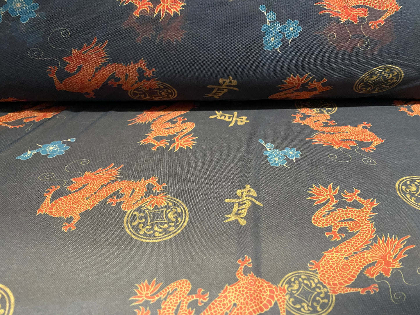 Power mesh net stretch fabric, per metre - oriental dragons print