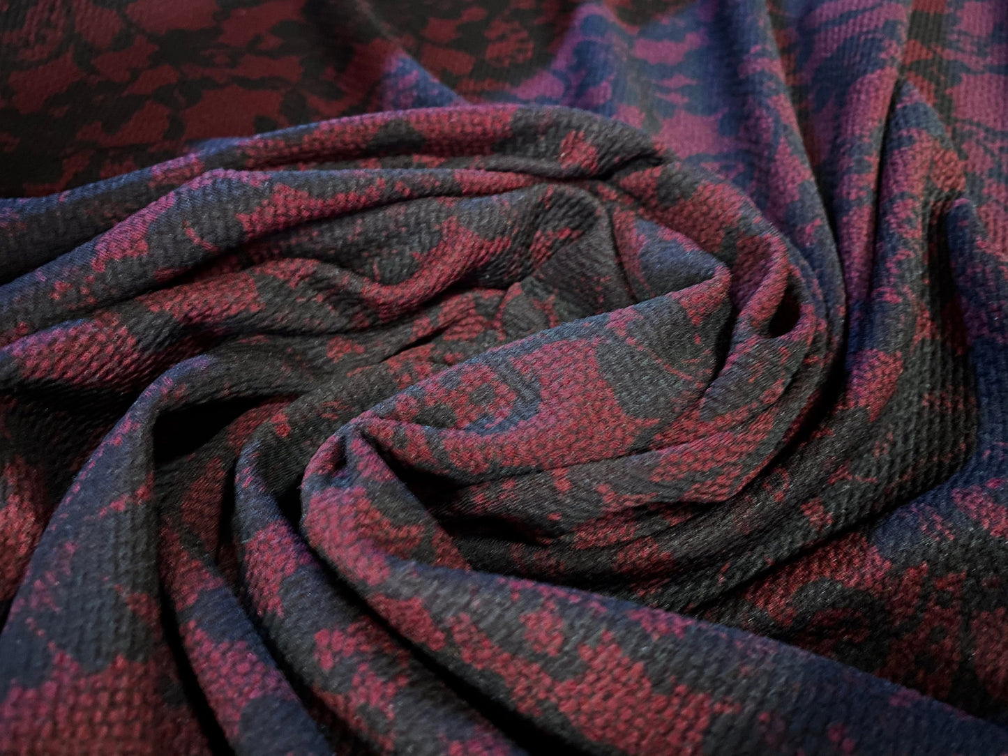 Waterfall textured scuba stretch spandex jersey fabric, per metre - Wine with black lace print