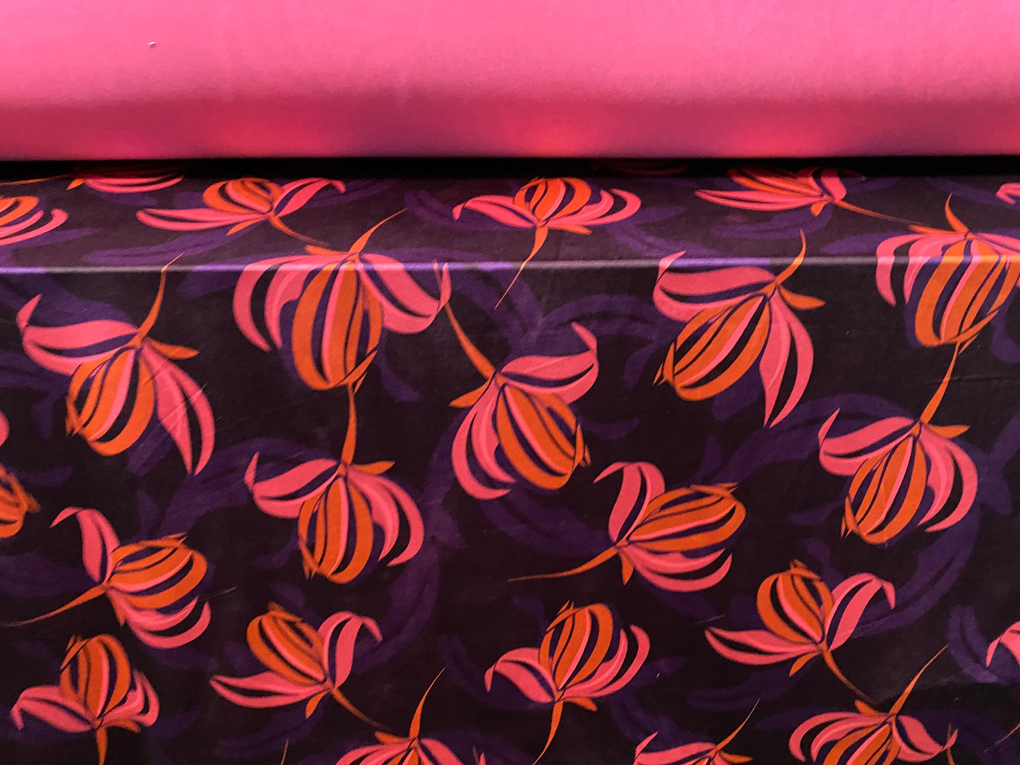 Stretch spandex jersey fabric, per metre - Pink, purple & black floral print