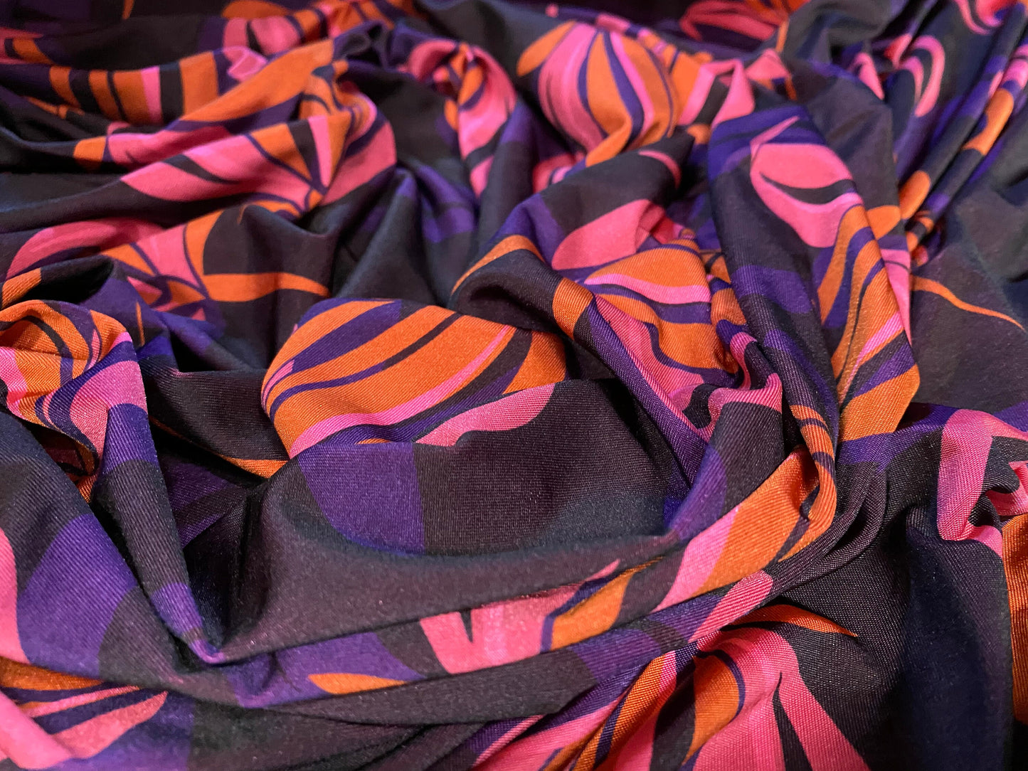 Stretch spandex jersey fabric, per metre - Pink, purple & black floral print