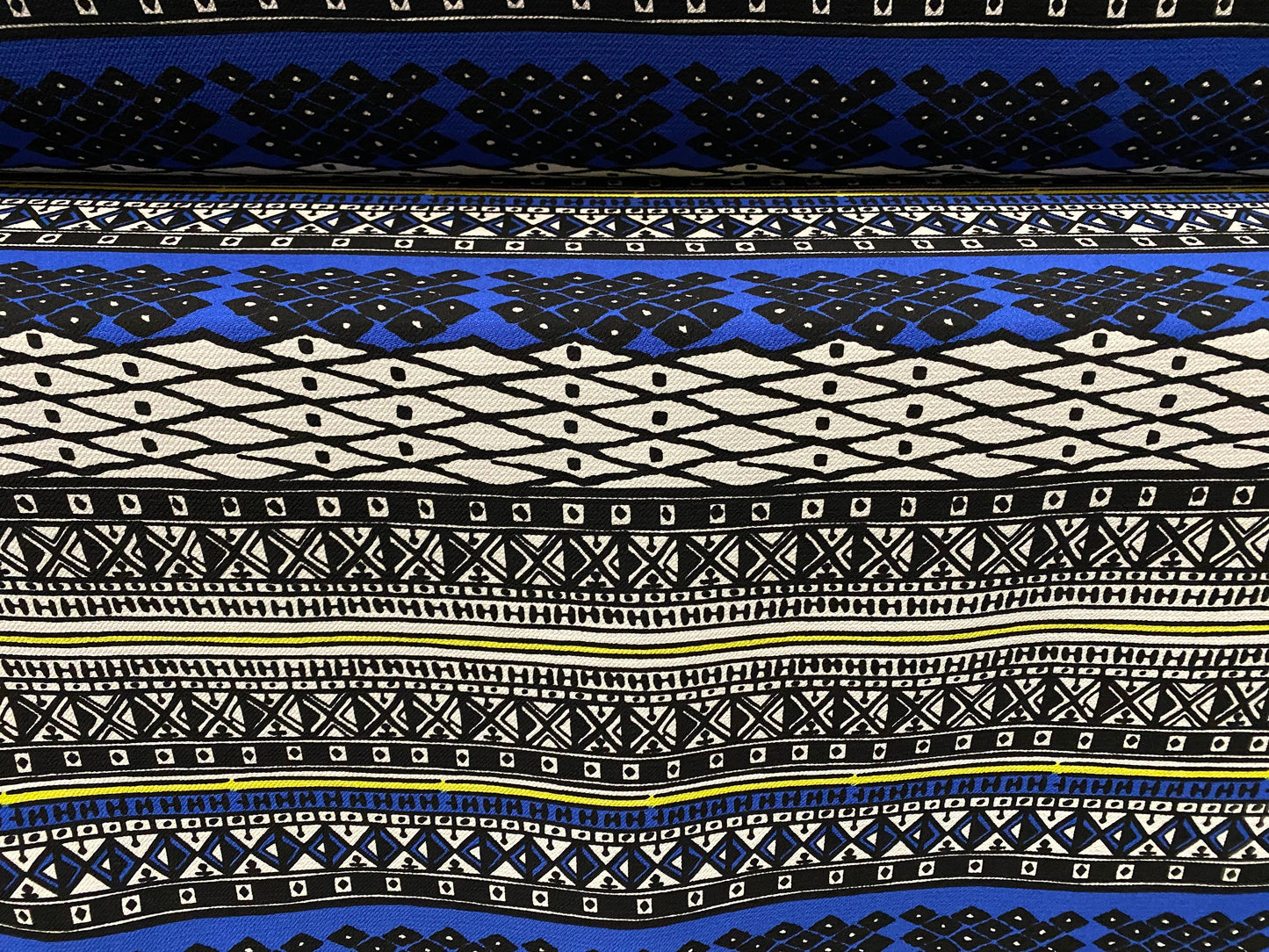 Heavyweight moss crepe woven dress fabric with comfort stretch - Aztec stripe print - blue
