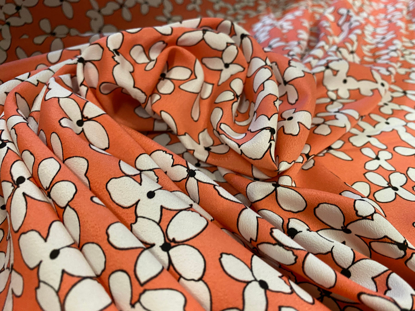 Chirimen woven crepe dress fabric, per metre - flower print - coral