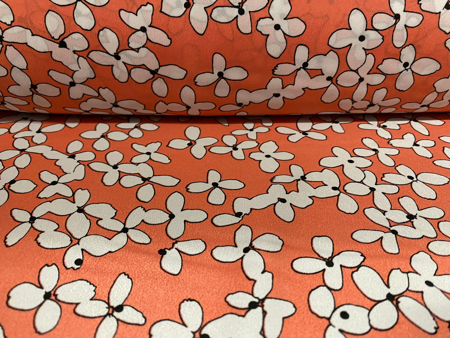 Chirimen woven crepe dress fabric, per metre - flower print - coral