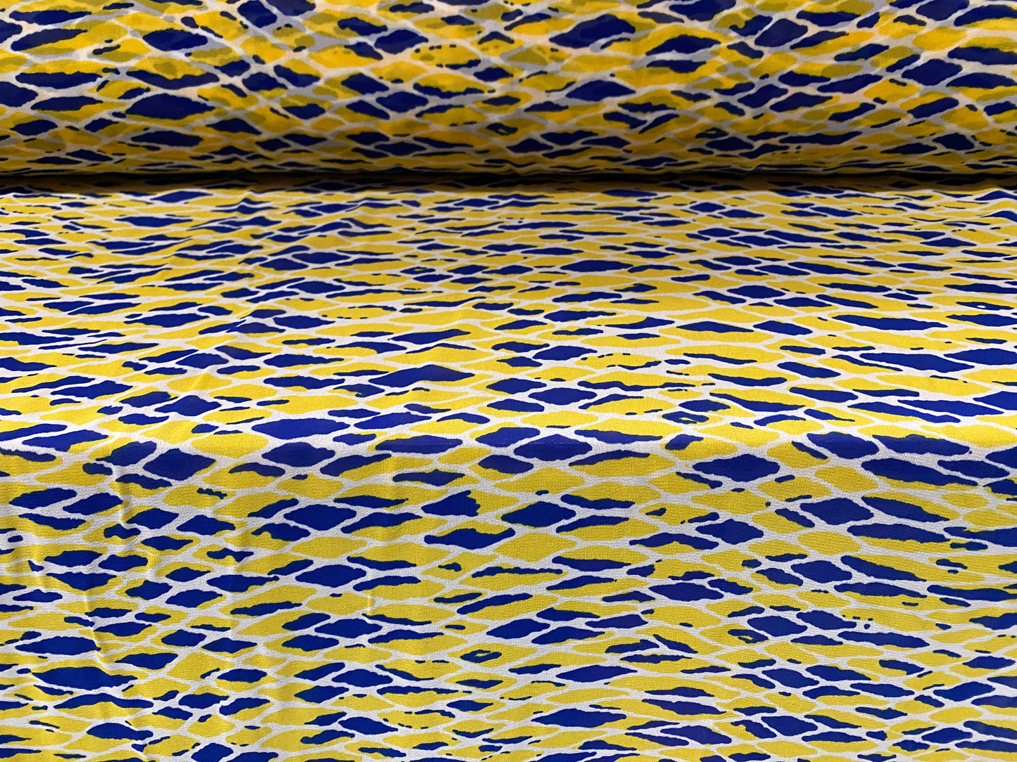 Soft chiffon dress fabric, per metre - harlequin print - yellow & blue