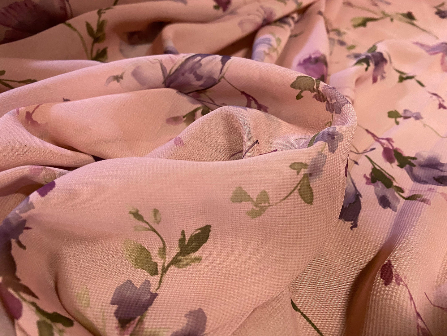 Printed chiffon dress blouse fabric, per metre - dusky pink butterflies & flowers