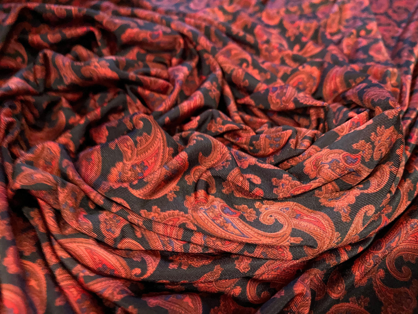 Soft touch stretch spandex jersey fabric, per metre - black with dark red paisley print