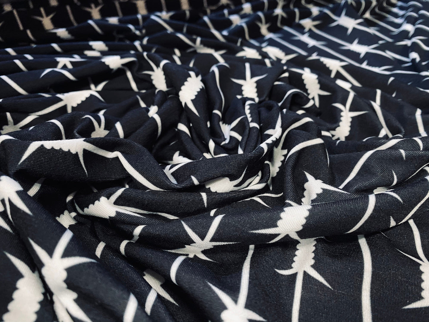 Soft handle jersey fabric, per metre - barbed wire print