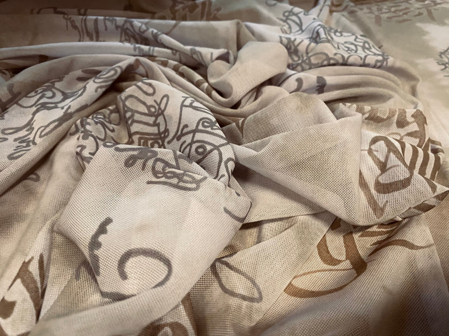 Power mesh net stretch fabric, per metre - alphabet print - khaki & Stone