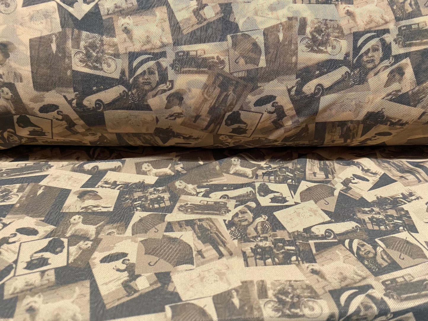 Power mesh net stretch fabric, per metre - 50s retro umbrellas and cars print - Nude