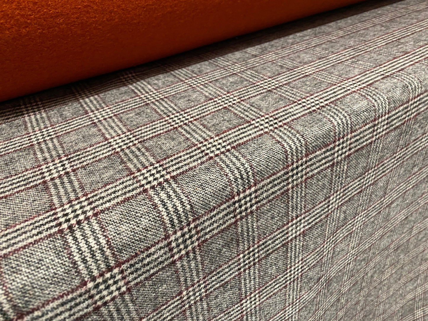 Wool blend heavyweight coat jacket fabric, per metre - dual face grey check and plain terracotta reverse