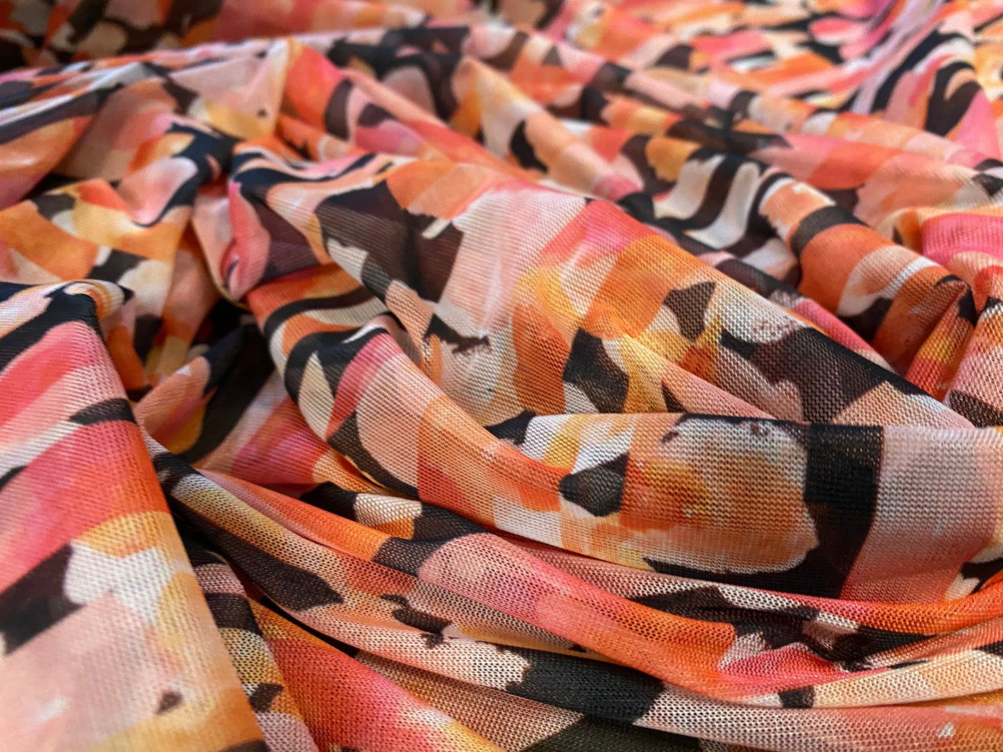 Power mesh net stretch fabric, per metre - Red and black floral stripe print