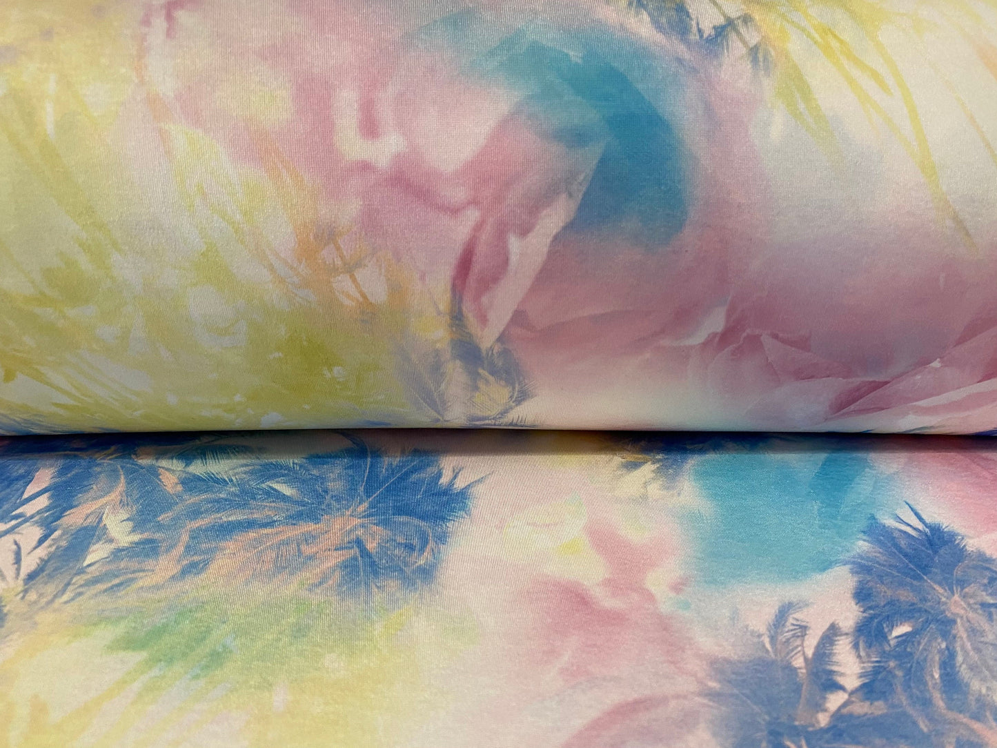 Soft touch stretch spandex jersey fabric, per metre - Hawaiian tie dye palm trees print