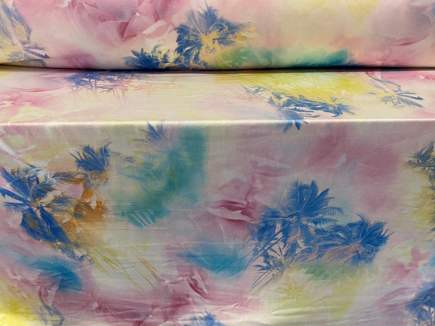 Soft touch stretch spandex jersey fabric, per metre - Hawaiian tie dye palm trees print