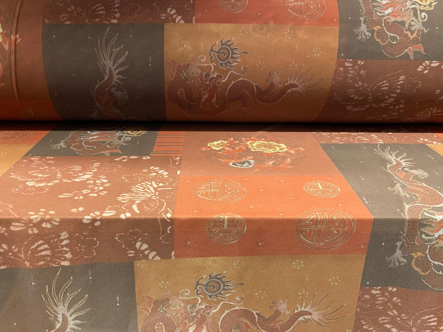 Power mesh net stretch fabric, per metre - patchwork dragon print