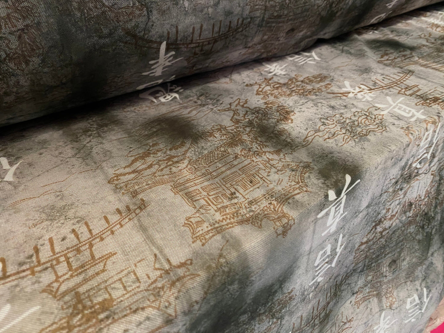 Power mesh net stretch fabric, per metre - Japanese pagoda print