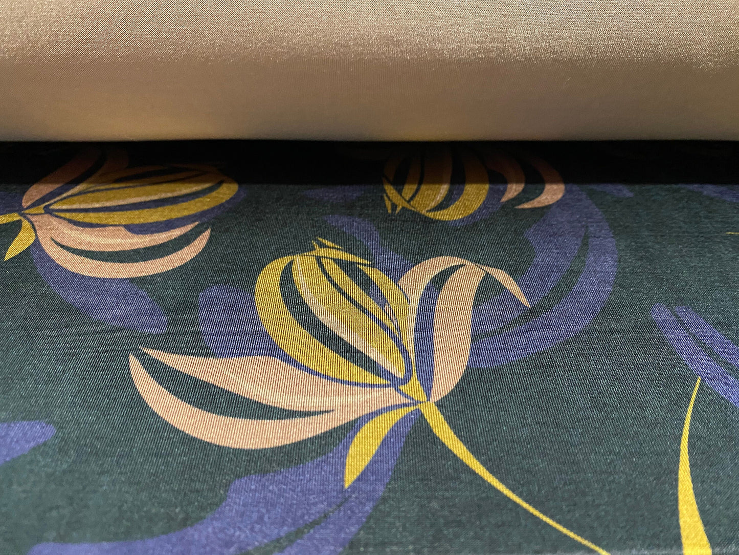 Stretch spandex jersey fabric, per metre - Stone, purple & black floral print