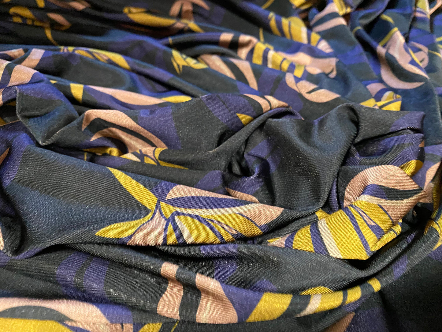 Stretch spandex jersey fabric, per metre - Stone, purple & black floral print