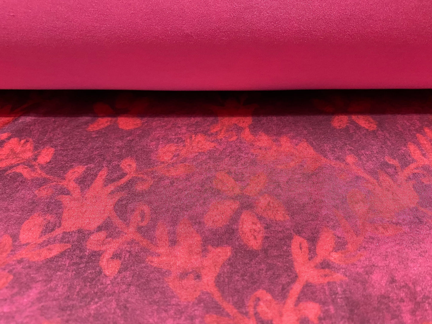 ITY stretch spandex single jersey fabric, per metre - ivy print - pink & purple