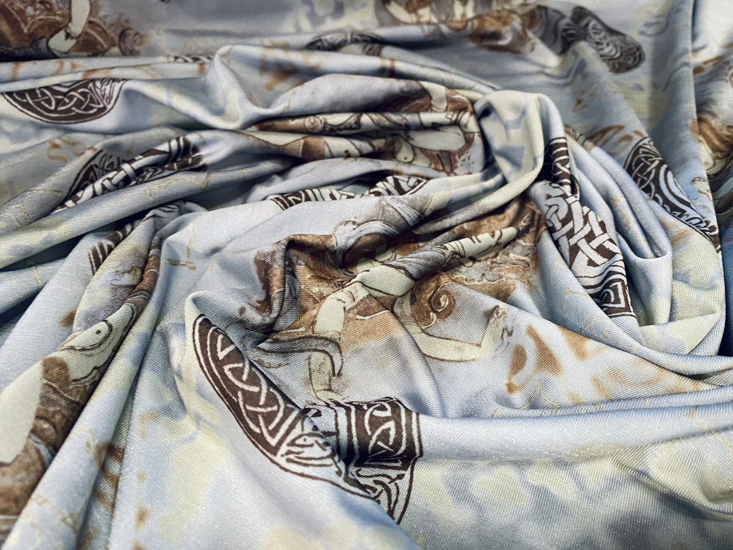 Printed ITY spandex stretch Jersey fabric, per metre - Hindu Goddess & endless knot print