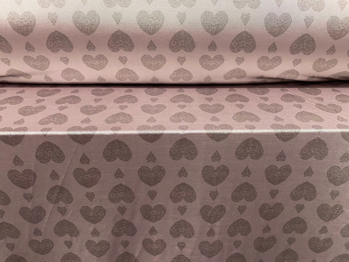 Disco shimmer stretch jersey fabric, per metre - lilac with grey love heart print