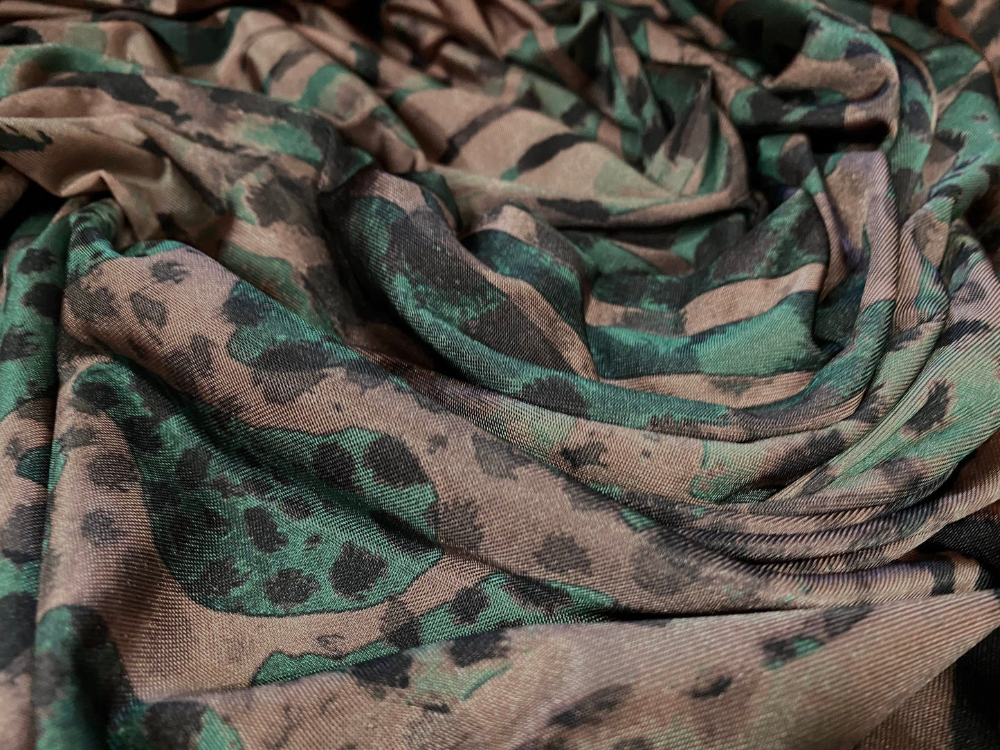 Disco shimmer stretch spandex jersey fabric, per metre - dusky pink distressed tiger print