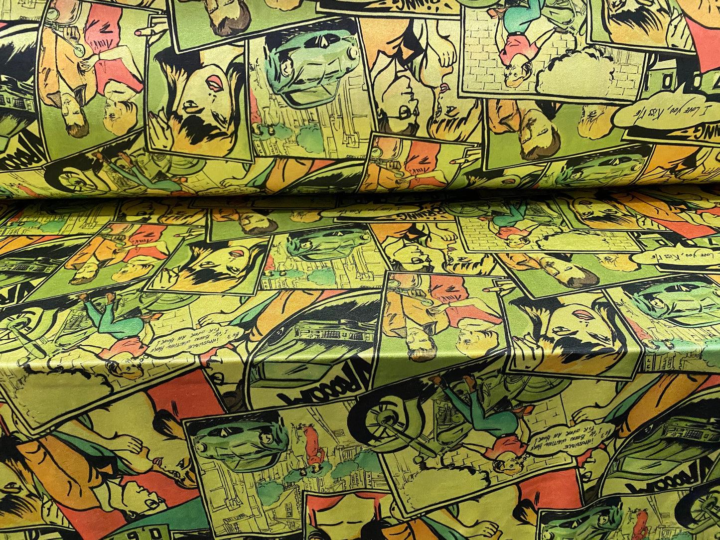 Disco shimmer spandex stretch jersey fabric, per metre - comic strip cartoon print - lime