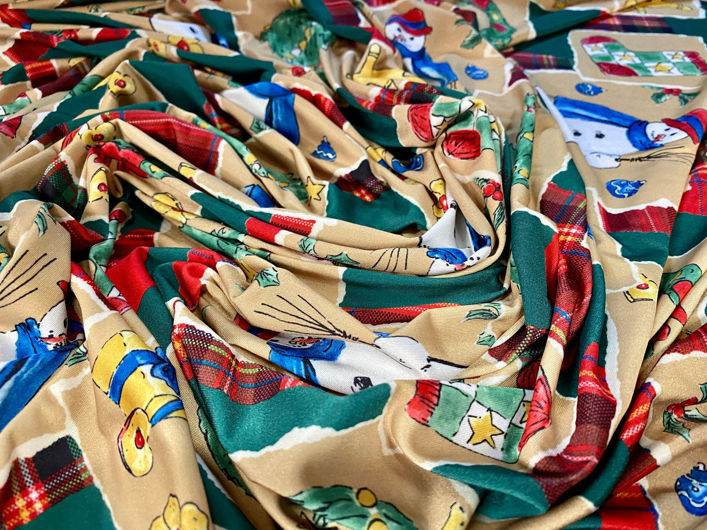 Soft touch stretch spandex jersey fabric, per metre - Christmas Tree and snowman print