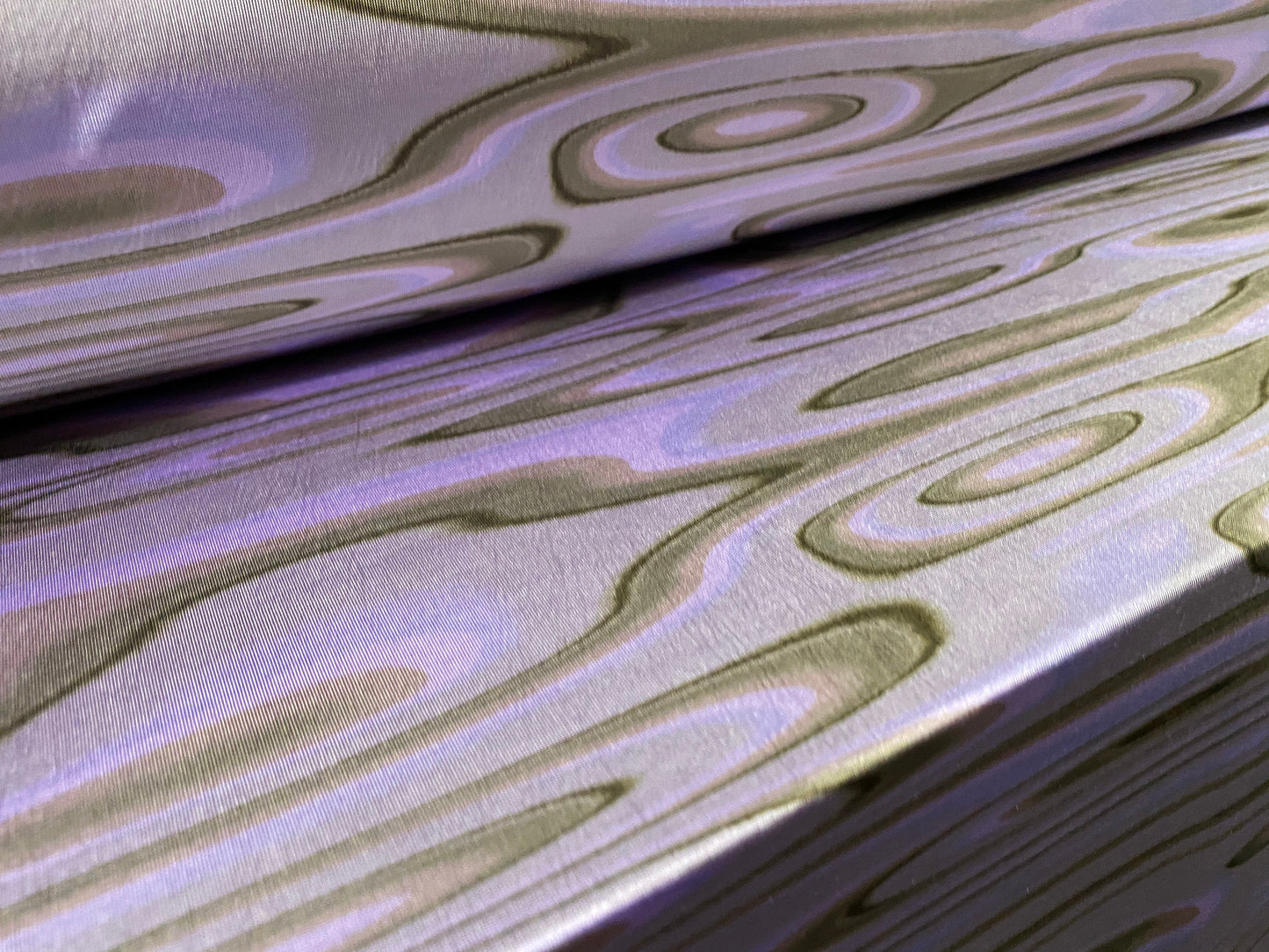 Disco shimmer stretch spandex jersey fabric, per metre - retro swirl print - lilac