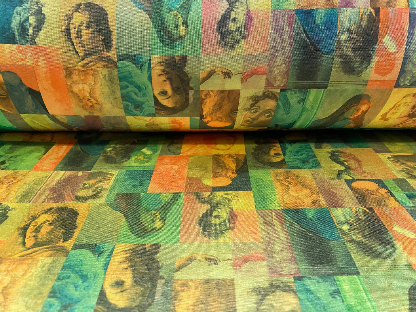 Disco shimmer spandex stretch jersey fabric, per metre - artist portraits of faces print