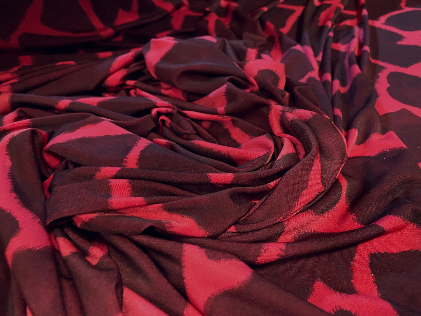 Printed ITY stretch spandex Jersey fabric, per metre - aubergine & cerise giraffe print