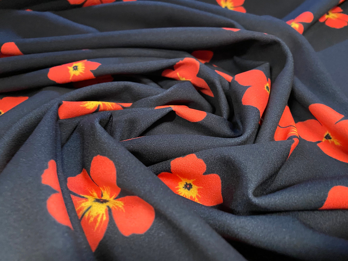 Scuba crepe fabric stretch spandex jersey, per metre - black with red poppy print